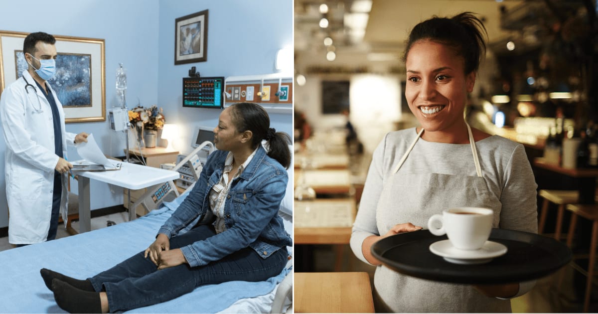 (L) A woman speaking to her doctor at a hospital. (R) A server speaking with a diner at a restaurant. (Representative Cover Image Source: L - Pexels| RDNE Stock Project, R - Magnific| pressfoto)