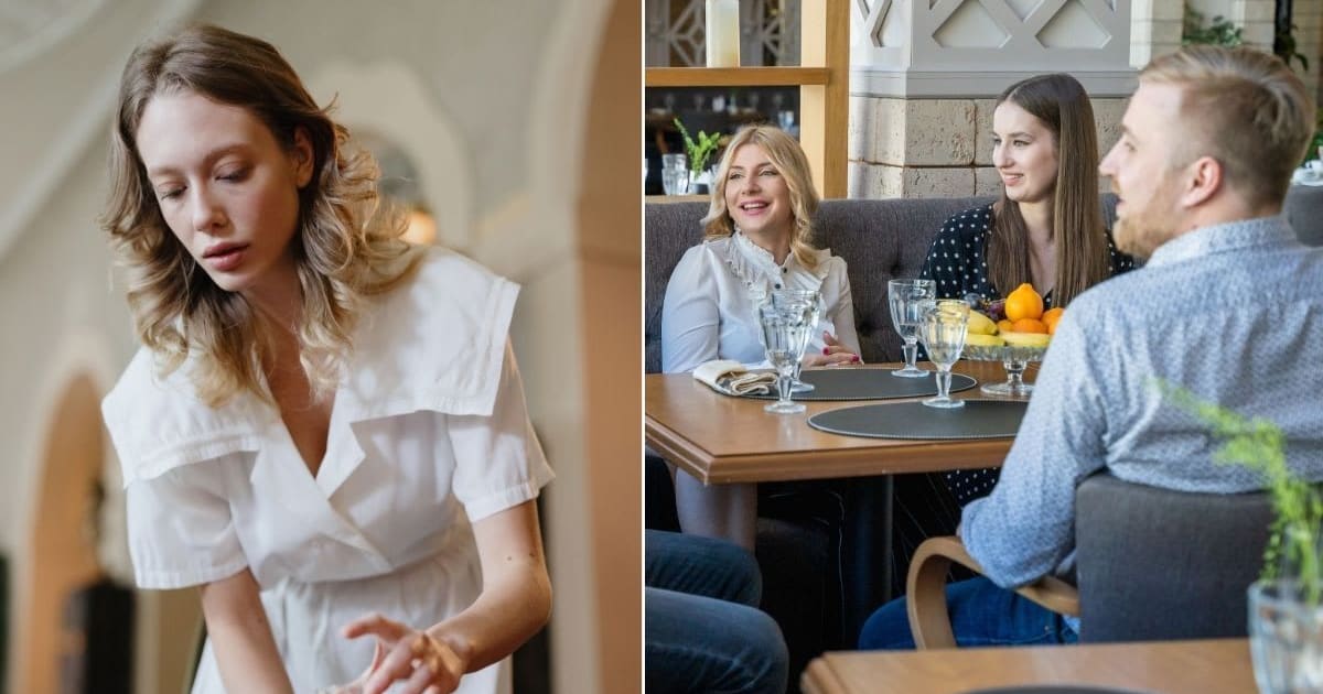 L - A waitress setting a table. R - A group in a restaurant. (Representative Cover Image Source: Pexels | Cottonbro Studio, R - Mikhail Nilov)