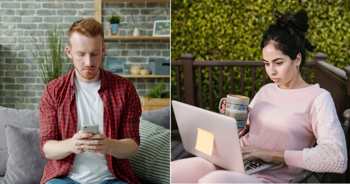 (L) A man texting on his phone. (R) A woman looks shocked at she checks her laptop. (Representative Cover Image Source: Pexels| L - Vitaly Gariev, R - RDNE Stock Project)