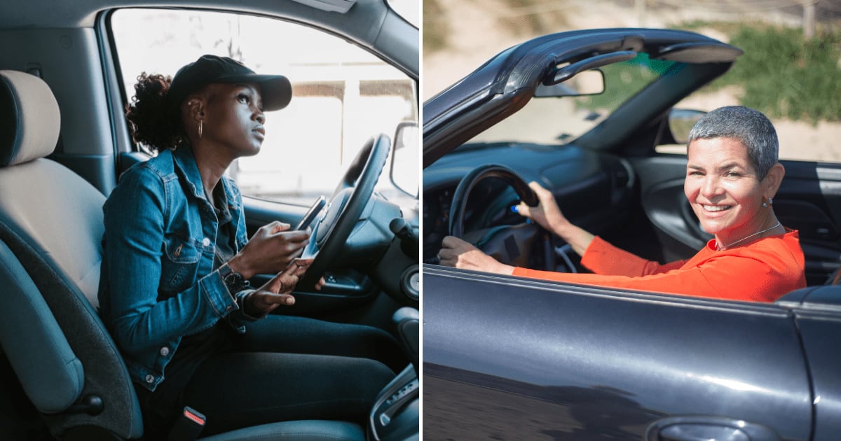 (L) A woman looking in the rearview mirror of her car. (R) An old woman smiling at someone while driving a car. (Representative Cover Image Source: Pexels | (L) RDNE Stock project, (R) Kampus Production)