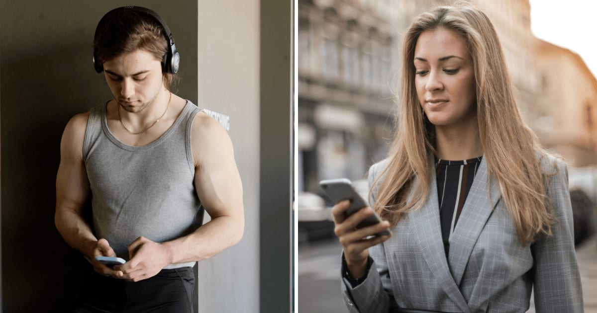 (L) Man using phone at gym. (R) Woman using phone. (Representative Cover Image Source: Pexels | (L) Ivan S, (R) Andrea Piacquadio)