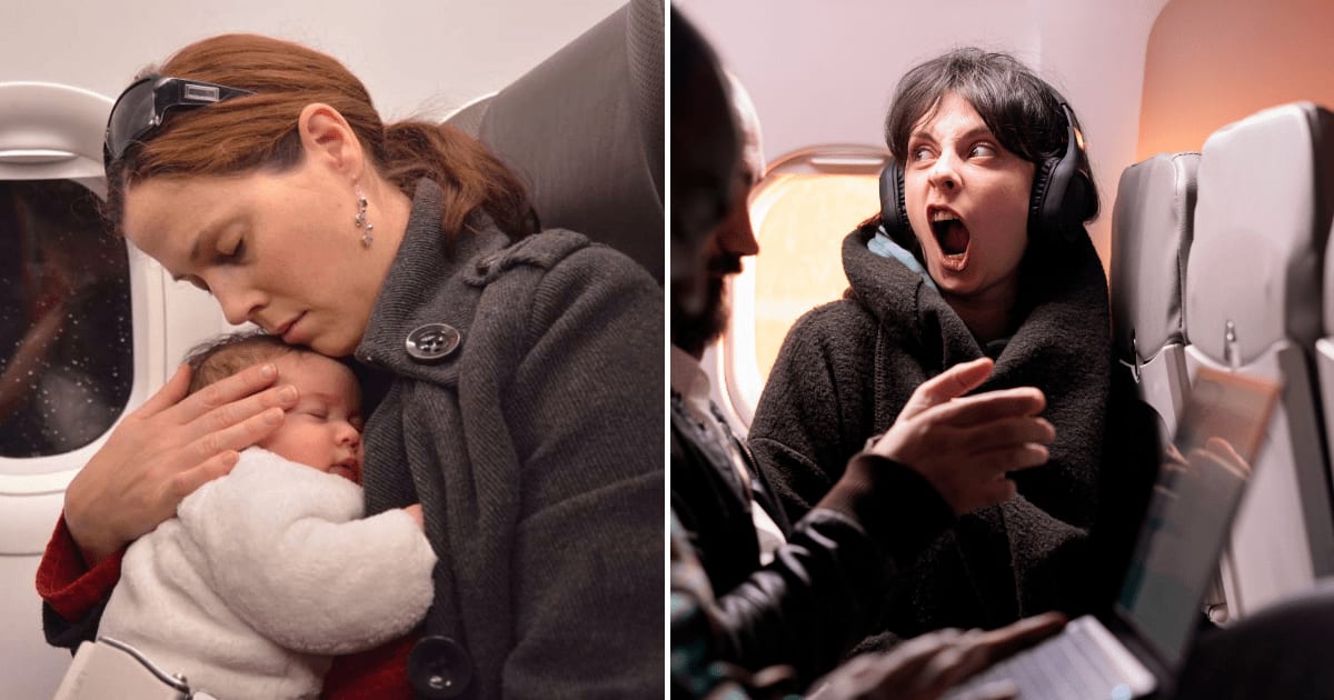 (L) A mother in flight holding her sleeping baby. (R) A woman shouting at fellow passenger on flight. (Representative Cover Image Source: (L) Getty Images | Photo by chameleonseye, (R) Magnific | DC Studio)