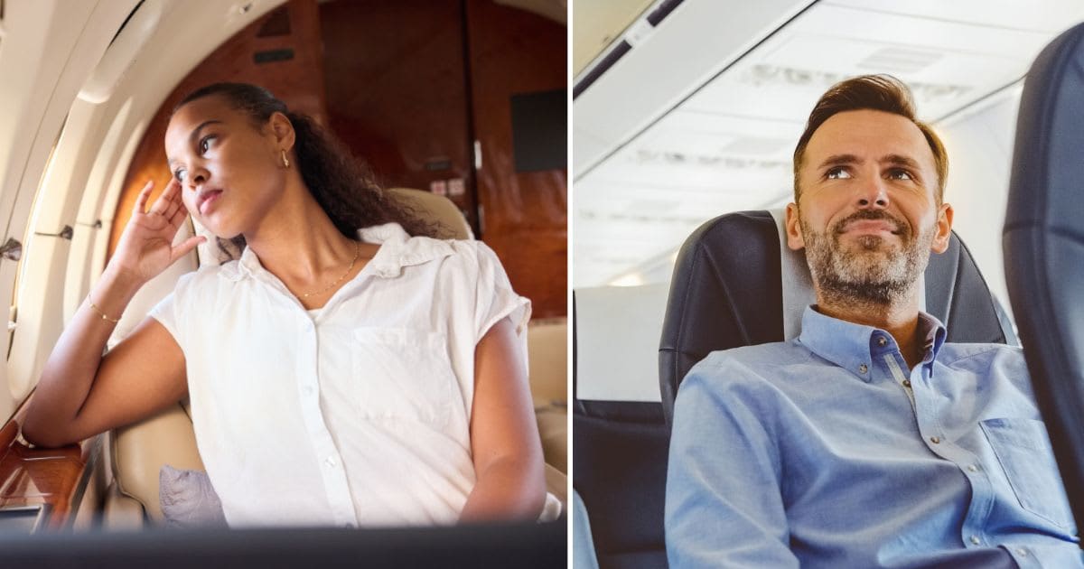 L - Woman sitting in a plane. R - Man chatting aboard a flight. (Representative Cover Image Source: Getty Images | Photo by L - nattrass, R - Erik Isakson) 