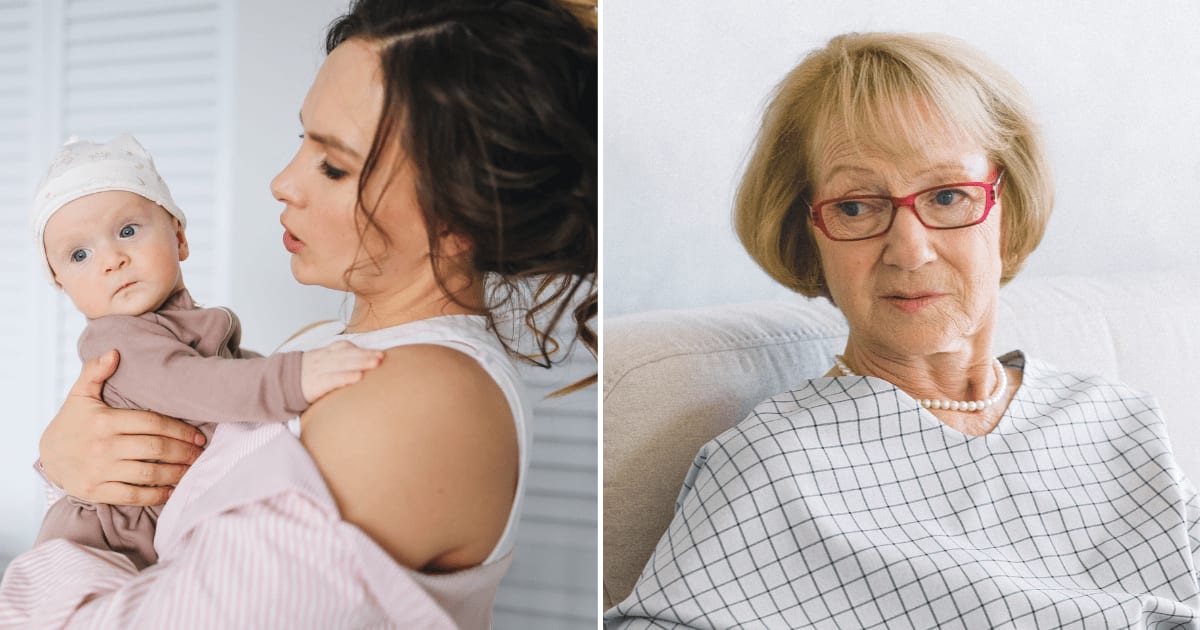 (L) A woman holding her baby looking worried. (R) An old woman giving advice to someone. (Representative Cover Image Source: Pexels | (L) Polina Tankilevitch, (R) Anna Shvets)