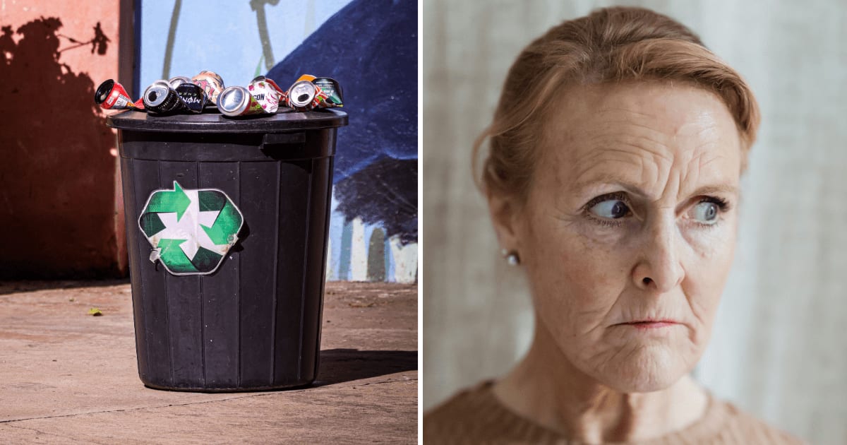 (L) Trash bin outdoors. (R) Annoyed older woman. (Representative Cover Image Source: Pexels | (L) Magda Ehlers, (R) Teona Swift)