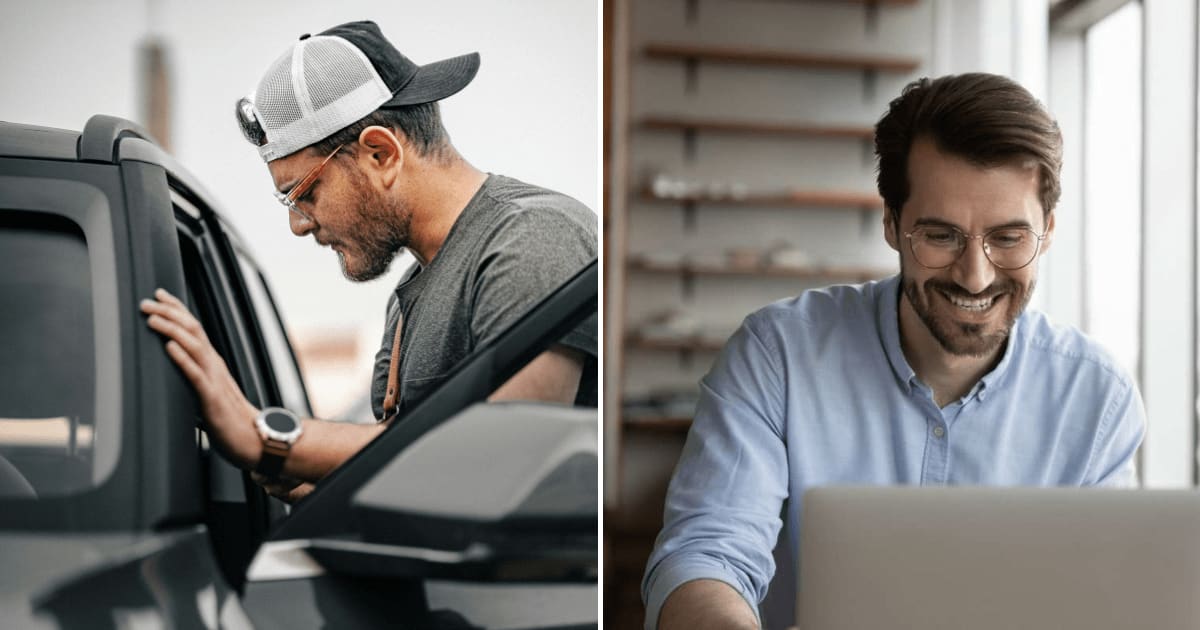 (L) A man reading something while sitting in his car. (R) A man smiling while looking at his laptop. (Representative Cover Image Source: (L) Unsplash| Amr Taha, (R) Getty Images| fizkes)