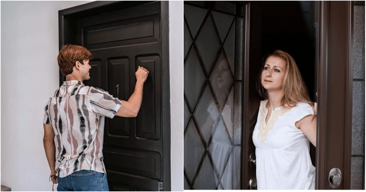 (L) A man knocking on someone's door. (R) A woman looking after opening her door. (Representative Cover Image Source: Getty Images| L - FG Trade Latin, R - Viapix)