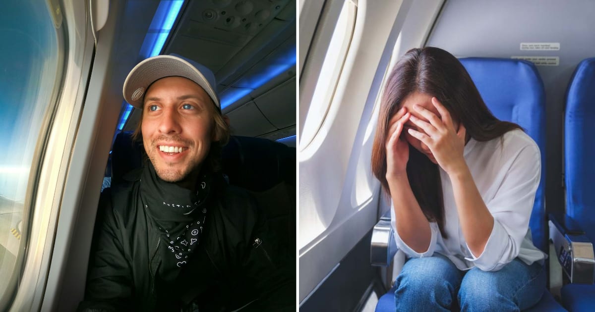 (L) A man smiling while looking out the plane window. (R) A woman sitting in plane resting her head on her hands. (Representative Cover Image Source: (L) Unsplash | Austin Distel, (R) Getty Images | Photo by Farknot_Architect)