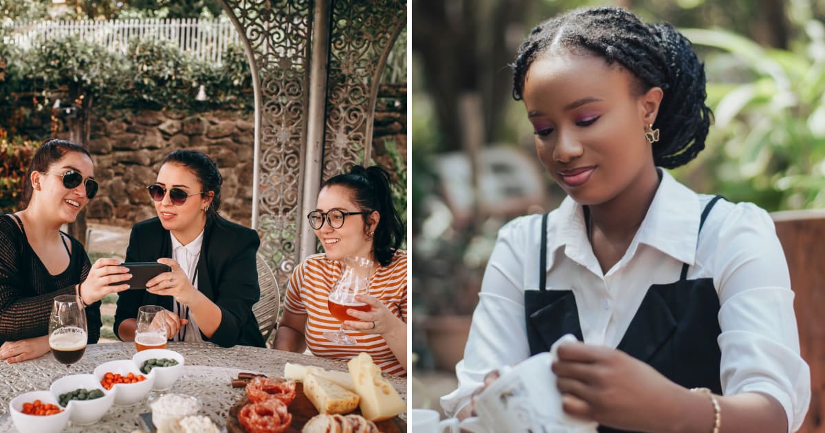 (L) Three women at a restaurant talking and laughing. (R) A woman at a restaurant. (Representative Cover Image Source: Pexels| L - Helena Lopes, R - Ante Emmanuel)