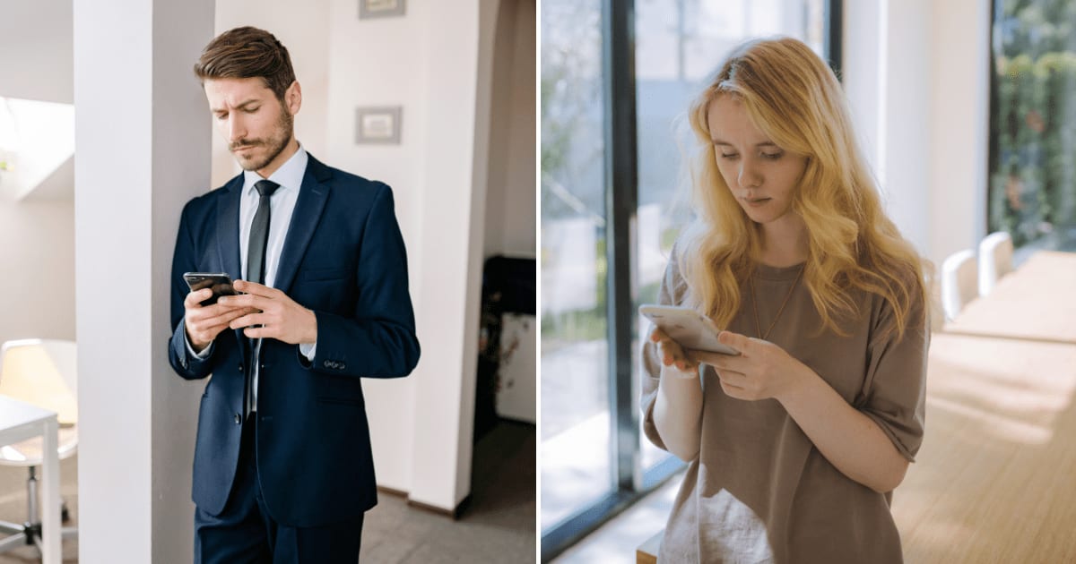 (L) A man in suit texting. (R) A woman looking worried while checking her phone. (Representative Cover Image Source: Pexels | (L) Yan Krukau, (R) Anastasia Shuraeva)