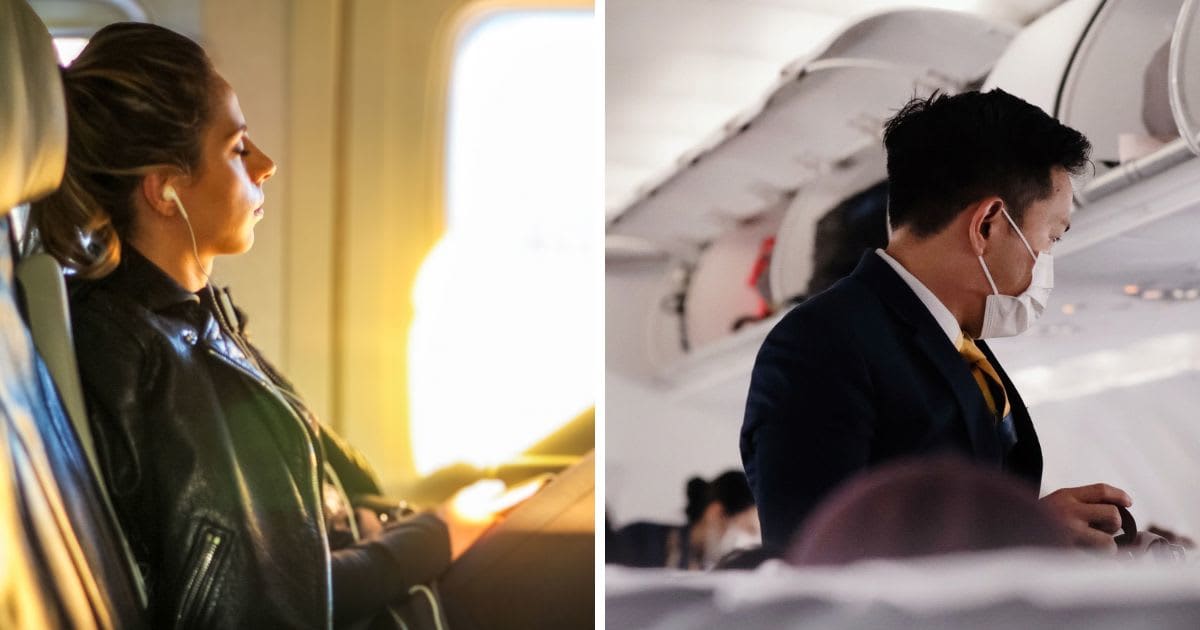 (L) Woman in an airplane in a window seat (R) Male flight attendant (Representative Image Source: Pexels, Richard Harris | Pexels, Pew Nguyen)