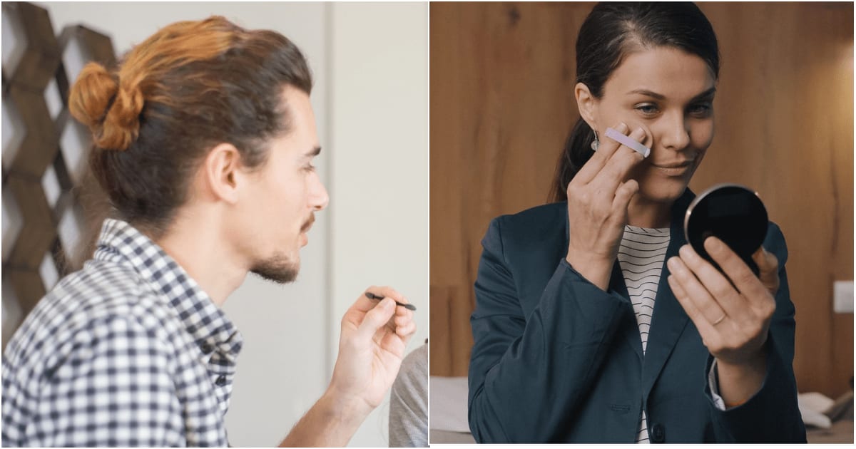 (L) A man holding an eyeshadow brush. (R) An employee applying makeup. (Representative Cover Image Source: Pexels| L - Kampus Production, R - Vitaly Gariev)