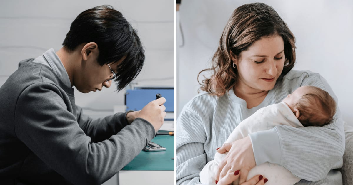 (L) Man fixing a phone. (R) Woman holding a newborn. (Representative Cover Image Source: Pexels | (L) Tima Miroshnichenko, (R) Sarah Chai)