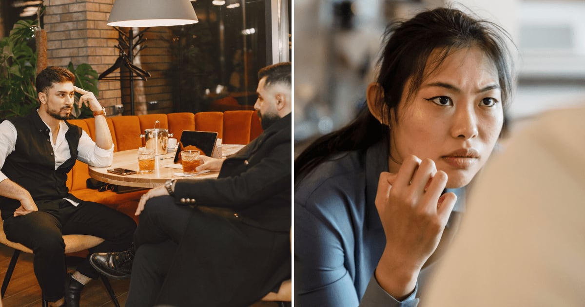 (L) Two men at dinner having a serious discussion. (R) An Asian woman confronting someone with anger. (Representative Cover Image Source: Pexels | (L) Gustavo Fring, (R) Timur Webero)