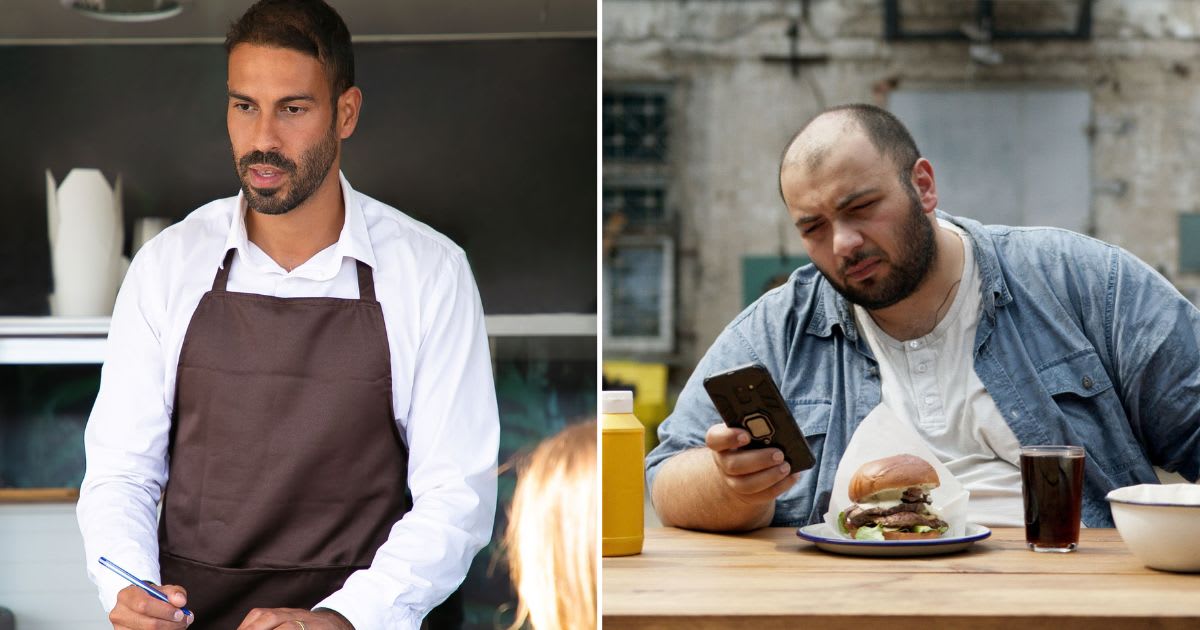  (L) A waiter seemingly annoyed while taking orders (R) A man using his phone while a burger sits on his table. (Representative Cover Image Source: (R) Kampus Production,  (L)  Pexels |Artem Podrez)