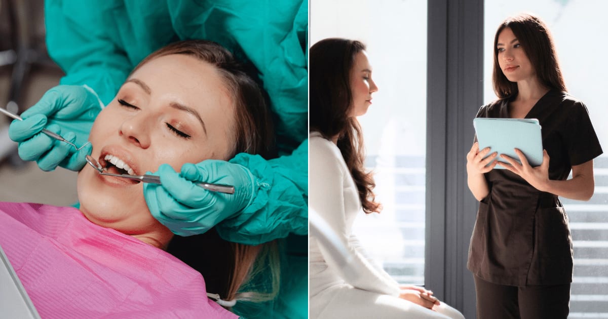 (L) A woman getting her teeth checked by a dentist. (R) A woman speaking with an assistant at a clinic. (Representative Cover Image Source: Pexels| L - Karola G, R - Anhelina Vasylyk)