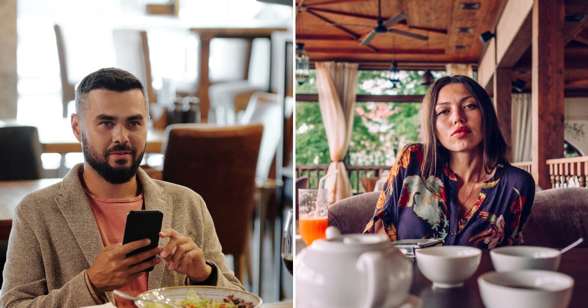 (L) A man on a date giving a questionable look to woman. (R) A woman annoyed at her date. (Representative Cover Image Source: Pexels | (L) Jep Gambardella, (R) Igor Starkov)