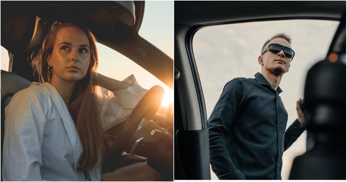 (L) A worried woman looking out from her car. (R) A man standing at a car door. (Representative Cover Image Source: Pexels| L - Evgeniy Zabrodin, R - Oleksandr Chepys)