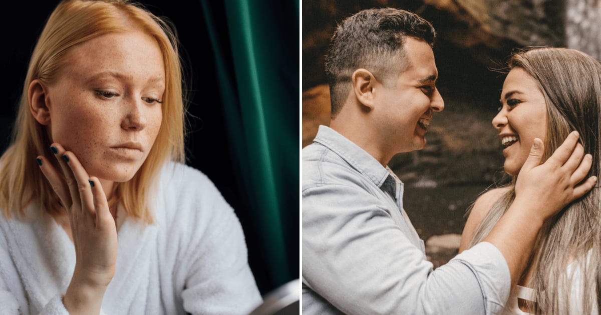 (L) A woman with rosacea feeling insecure looking in the mirror. (R) A man adoring his girlfriend while smiling at her. (Representative Cover Image Source: Pexels | (L) KoolShooters, (R) Jonathan Borba)