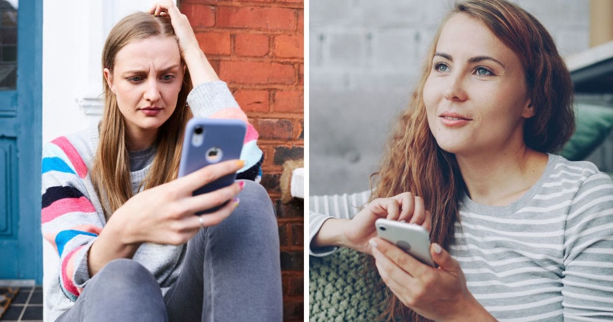 (L) Worried woman looking at her phone (R) Woman smiling while looking at her phone (Representative Image Source: (L) Pexels, Vodafone x Rankin everyone.connected | (R) Pexels, Vitaly Gariev)