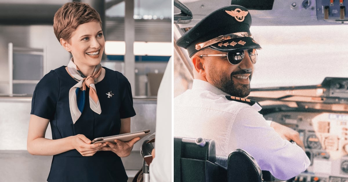 (L) Flight attendant speaking to passenger. (R) Happy pilot. (Representative Cover Image Source: Getty Images, Pexels | (L) westend61, (R) behrouz sasani)