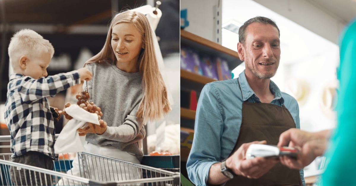 (L) A mom and son shopping at a grocery store. (R) A cashier. (Representative Cover Image Source: L - Magnific| Prostooleh, R - Pexels| Kampus Production)