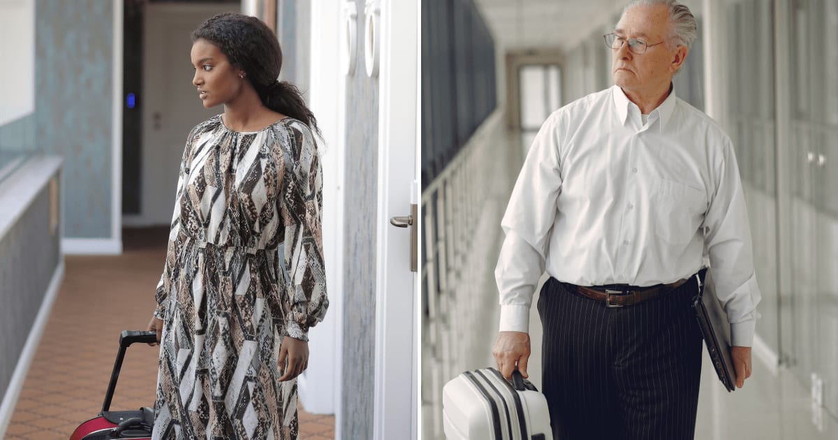 (L) A woman carrying a suitcase about to leave for somewhere. (R) An old man at the airport heading towards the boarding gate. (Representative Cover Image Source: Pexels | (L) Andrea Piacquadio, (R) Gustavo Fring)