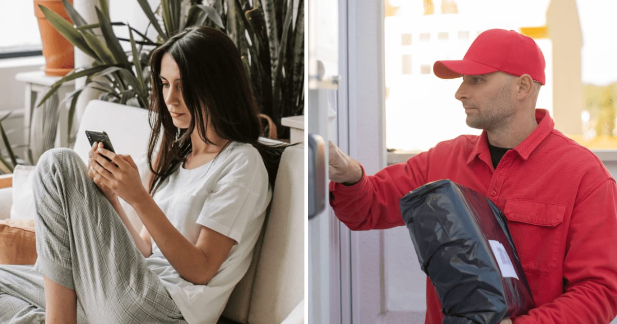 (L) Woman using phone sitting at home. (R) Delivery guy outside home. (Representative Cover Image Source: Pexels | (L) Vlada Karpovich, (R) Kampus Production)