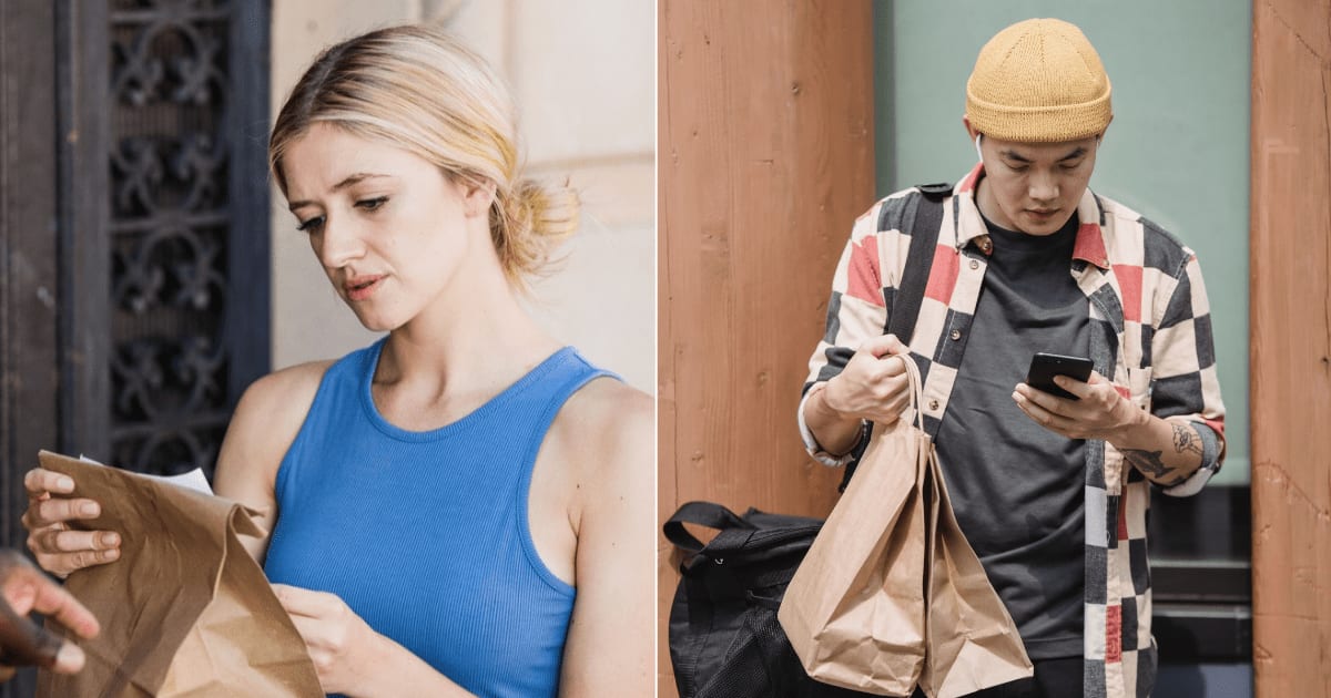 (L) A woman looking at a delivery bag in confusion. (R) A delivery driver looking at his phone. (Representative Cover Image Source: Pexels| L - Mizuno K., R - Mike Jones)