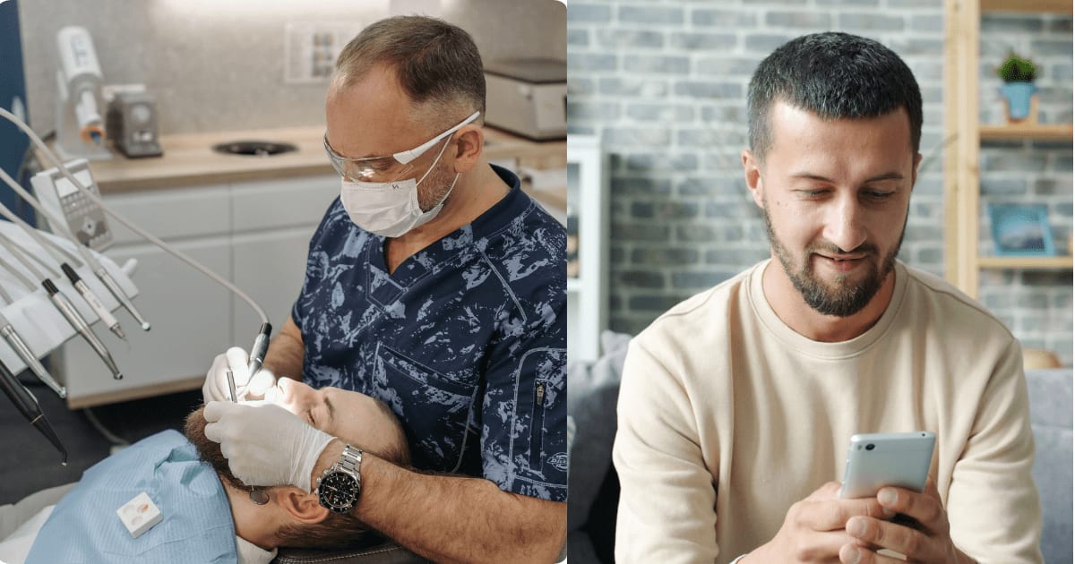 (L) A dentist treating a patient in the clinic. (R) A man smirks as he uses his phone. (Representative Cover Image Source: Pexels| L - Pavel Danilyuk, R - Vitaly Gariev)