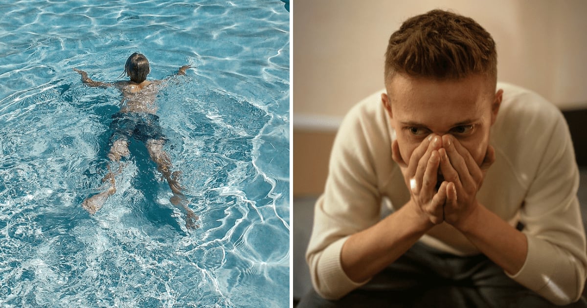 (L) Kid swimming in pool. (R) Worried man. (Representative Cover Image Source: Pexels | (L) Kindel Media, (R) RDNE Stock project)