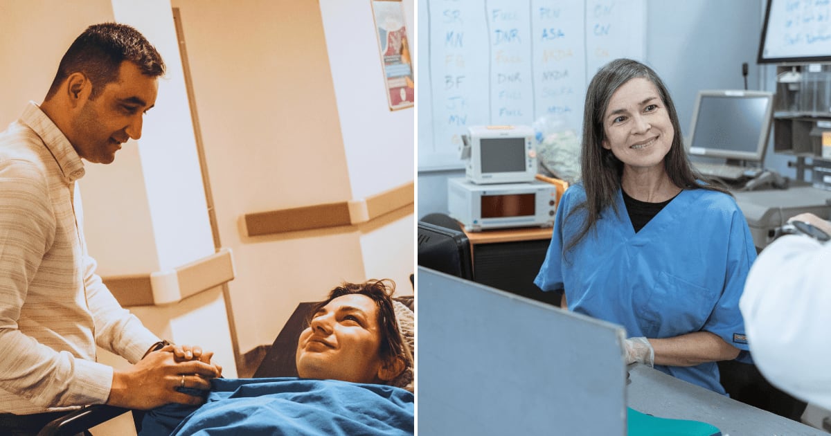 (L) A man standing by his wife during labor. (R) A nurse smiling at someone. (Representative Cover Image Source: Pexels | (L) melis can, (R) RDNE Stock project)