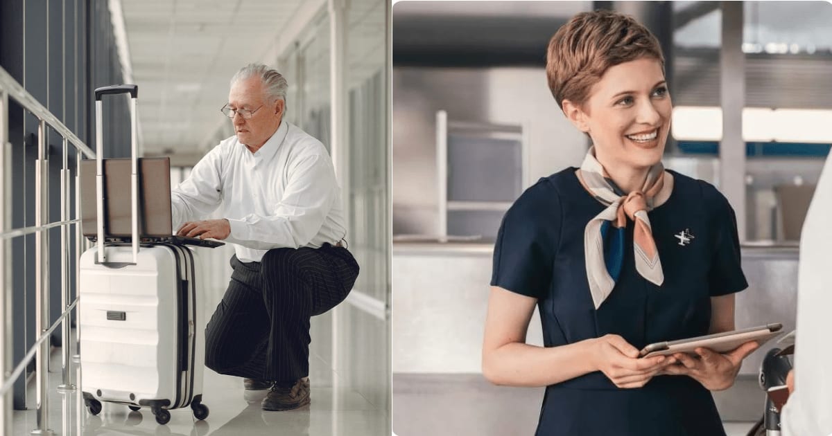 (L) A man doing urgent work on laptop before traveling (R) An airport worker assisting passenger. (Representative Cover Image Source: L - Pexels| Gustavo Fring,  R- Getty Images| westend61)