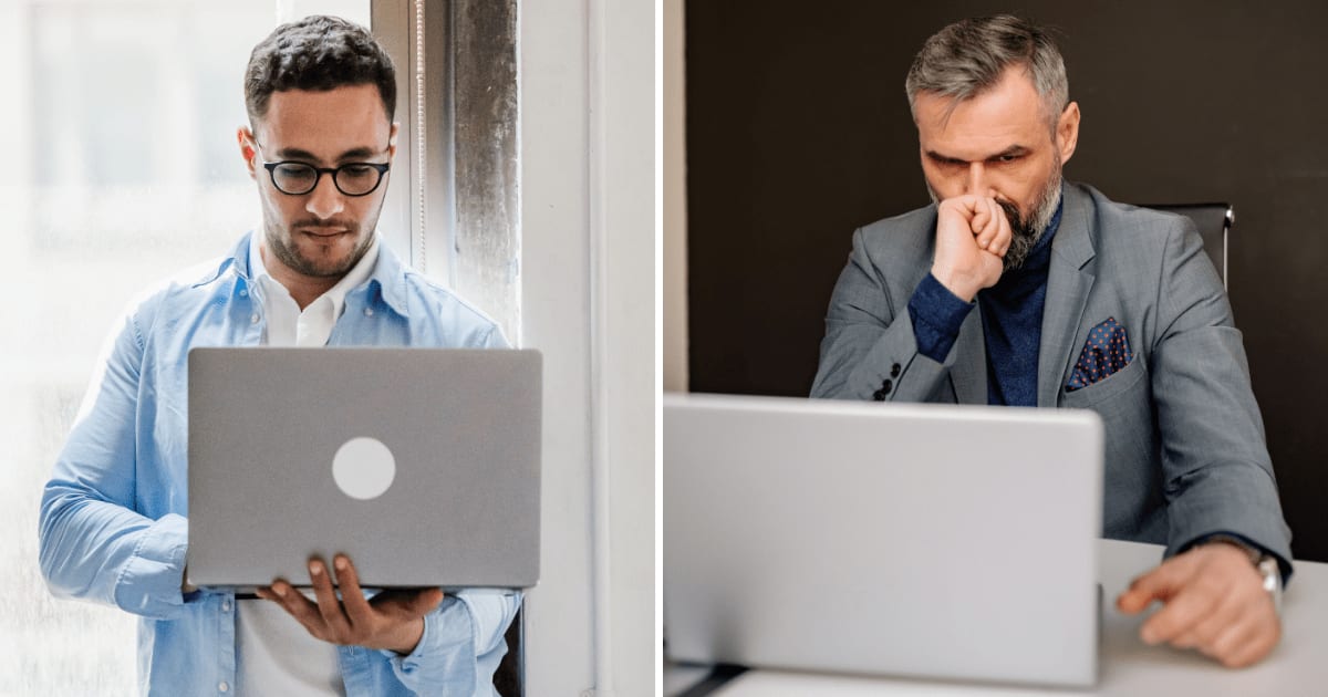 (L) Employee using laptop. (R) Angry boss looking at laptop. (Representative Cover Image Source: Pexels | (L) Mizuno K, (R) Yan Krukau)