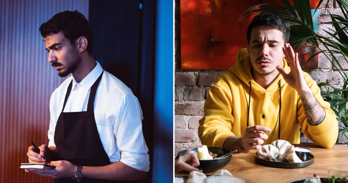 (L) A waiter looking frustrated while taking an order. (R) A man dining at a restaurant looking annoyed. (Representative Cover Image Source: Pexels | (L) cottonbro studio, (R)  khezez)