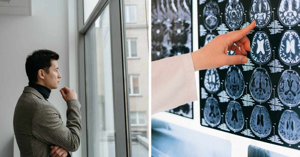 L - Side view of a thoughtful man in a coat looking out a large window. R - A doctor's hand points to a brain MRI scan on a lightbox. (Representative Cover Image Source: L - Mart Production, R - Anna Shvets) 