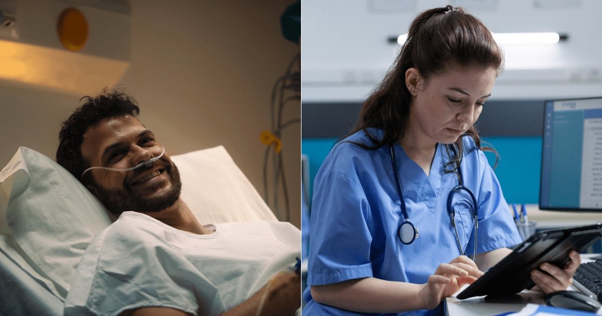 (L) A man laughing while in a hospital bed. (R) A nurse looks concerned while working. (Representative Cover Image Source: Magnific| L - magnific, R - DC Studio)