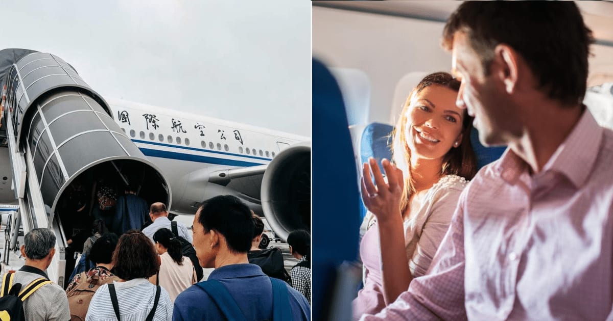 (L) A crowd boarding the plane. (R) Man and woman talking. (Representative Cover Image Source: (L) Pexels | Markus Winkler (R) Getty Images | Photo by BraunS)