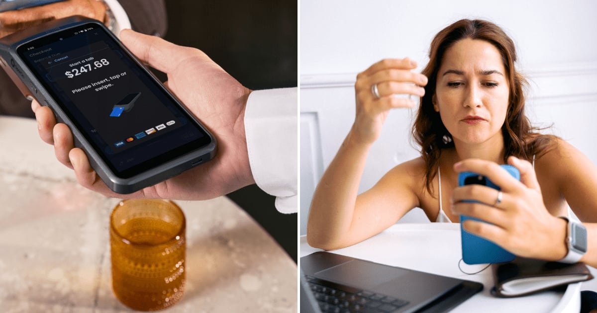 (L) A billing machine showing payment request on screen. (R) A woman looking at phone feeling confused. (Representative Cover Image Source: Pexels | (L) SpotOn POS, (R) Anna Tarazevich)