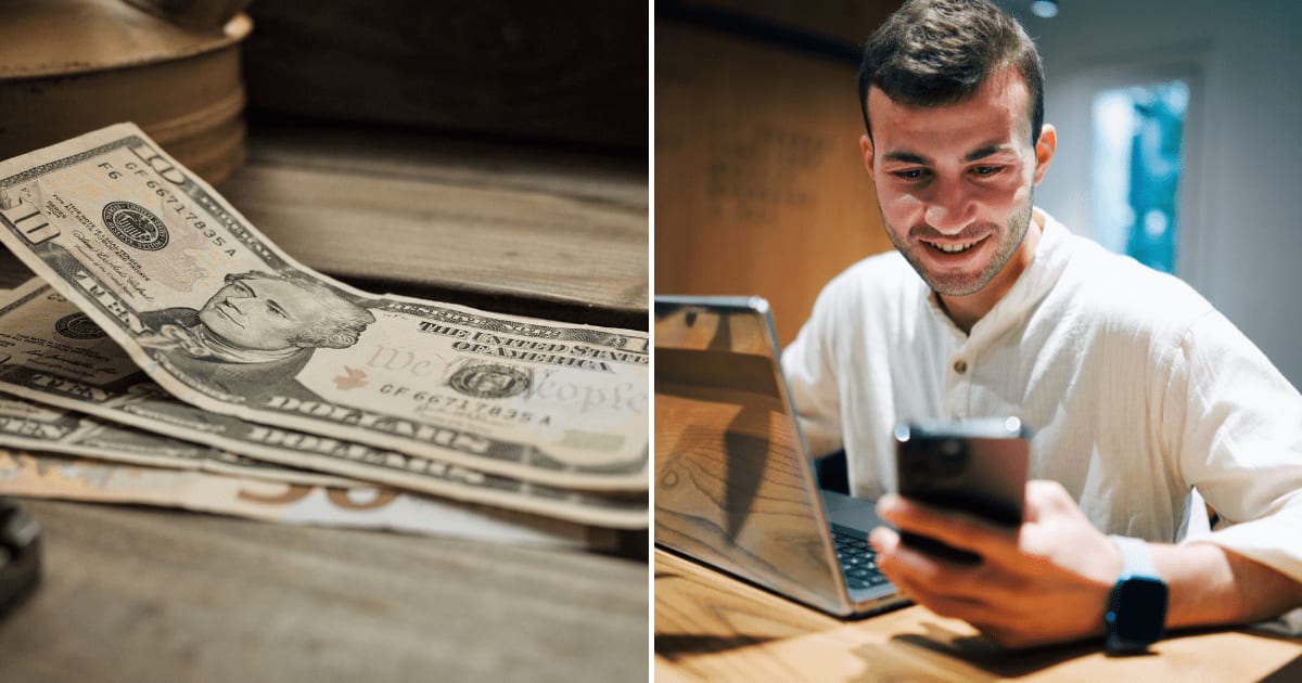 (L) Tip left on restaurant table after bill. (R) A smiling at a text on his phone. (Representative Cover Image Source: Pexels | (L) Natasha Chebanoo, (R) iam hogir)