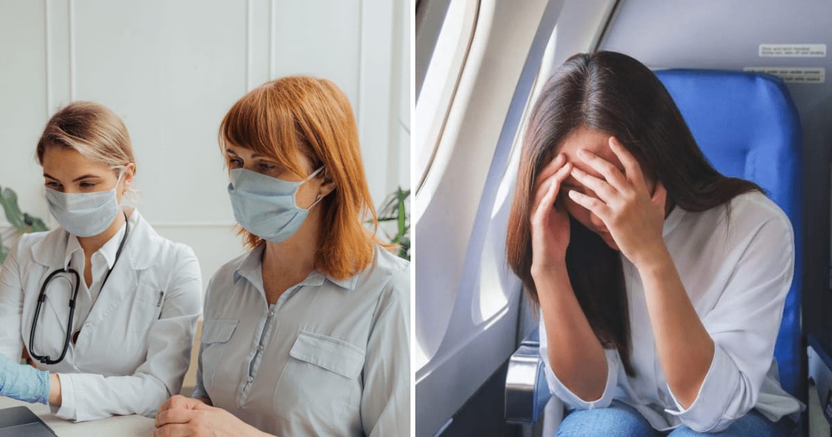 (L) Two doctors looking at someone. (R) Unwell woman on flight. (Representative Cover Image Source: Pexels, Getty Images | (L) Antoni Shkraba (R) Farknot_Architect)
