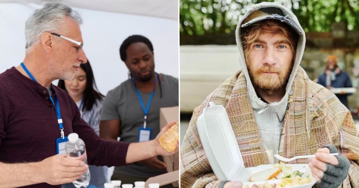 (L) An elderly man volunteering at a food bank. (R) A homeless man enjoying a meal. (Representative Cover Image Source: L - Magnific| Magnific, R - Getty Images | AnnaStills)