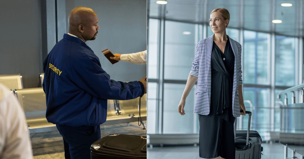 (L) A security guard at an airport. (R) A middle-aged passenger at the airport. (Representative Cover Image Source: Magnific| L - wavebreakmedia, R - zinkevych)
