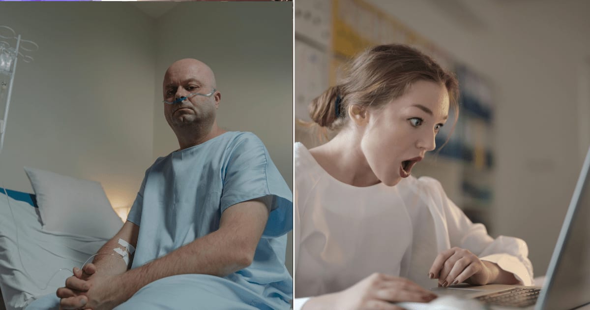 L - Patient on a hospital bed. R - Woman shocked while checking something on a laptop. (Representative Cover Image Source: Pexels | L - Tima Miroshnichenko, R - Andrea Piacquadio)