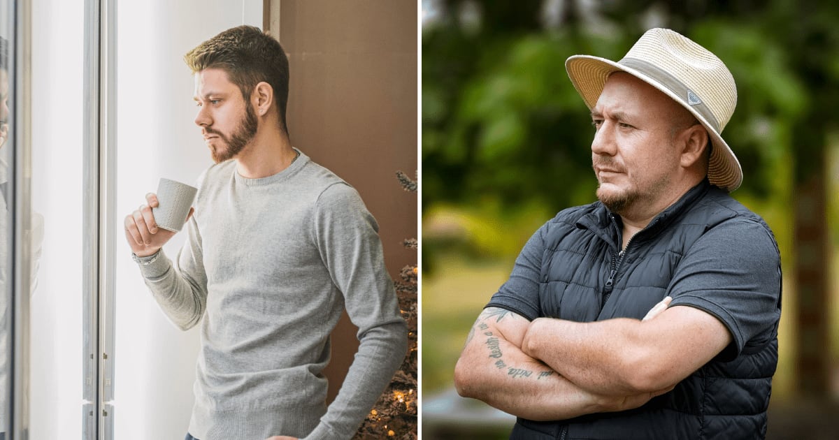 (L) A man looking out the window sipping coffee. (R) A man standing in his garden looking annoyed at someone. (Representative Cover Image Source: Pexels | (L) Alex Urezkov, (R) José Cango)