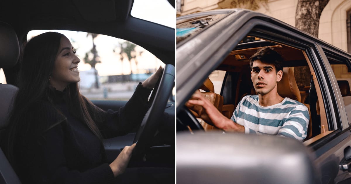 (L) A woman smiling while driving a car. (R) A teenage boy driving a car looking terrified. (Representative Cover Image Source: Pexels | (L) Dario Fernandez Ruz, (R) Mario Amé)