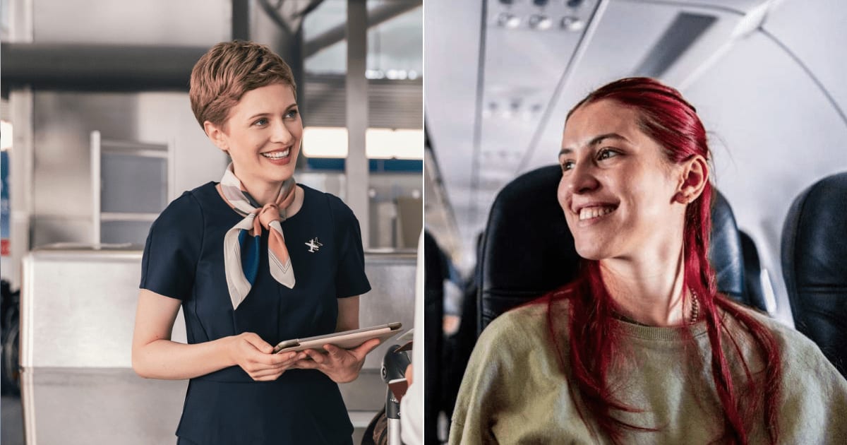 (L) Gate agent talking to passenger. (R) A woman sitting on plane. (Representative Cover Image Source: Getty |  (L) westend61, (R)  Frazao Studio Latino)