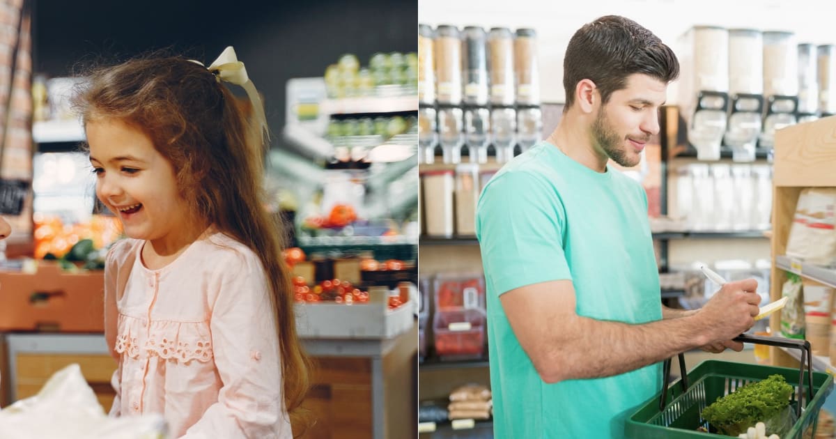 (L) A little girl smiles eagerly. (R) A man shopping at a grocery store. (Representative Cover Image Source: L - Pexels| Gustavo Fring, R - Magnific| Magnific)