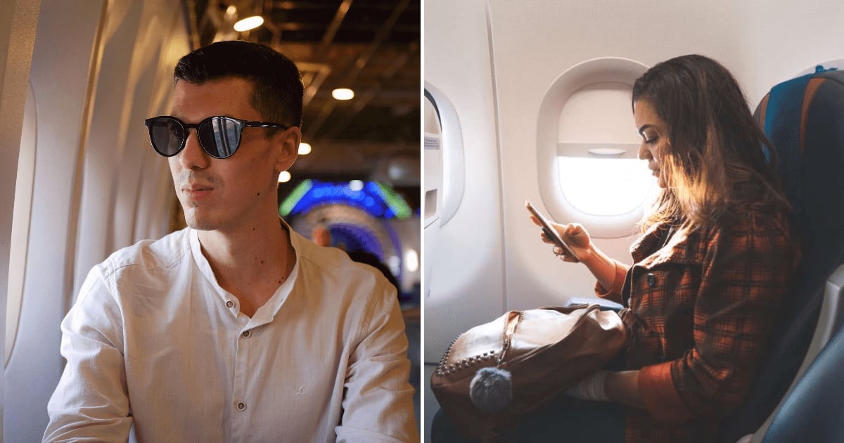 (L) A man looking annoyed sitting on a plane. (R) A woman using her phone on a flight. (Representative Cover Image Source: (L) Pexels | Madjid Atmania, (R) Getty Images | Photo by MesquitaFMS)
