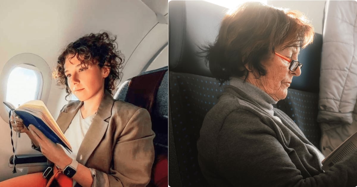 (L) A woman sitting in the window seat on a plane. (R) An elderly passenger looks upset. (Representative Cover Image Source: L - Getty Images| Fresh Splash, R - Pexels| Ahmet Yüksek)